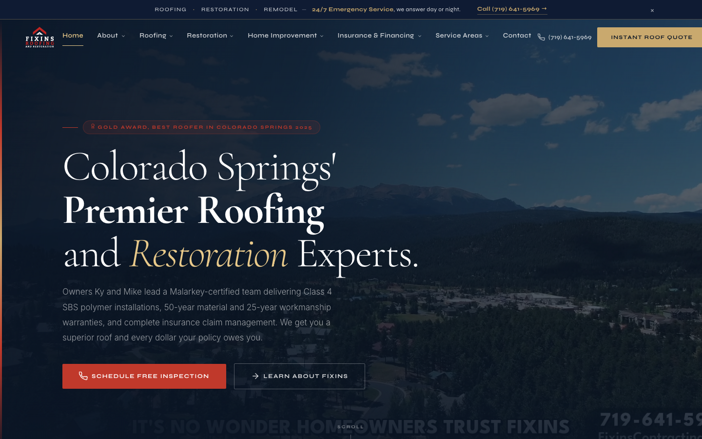 Fixins Roofing - roofing and restoration website build and local SEO for Colorado Springs