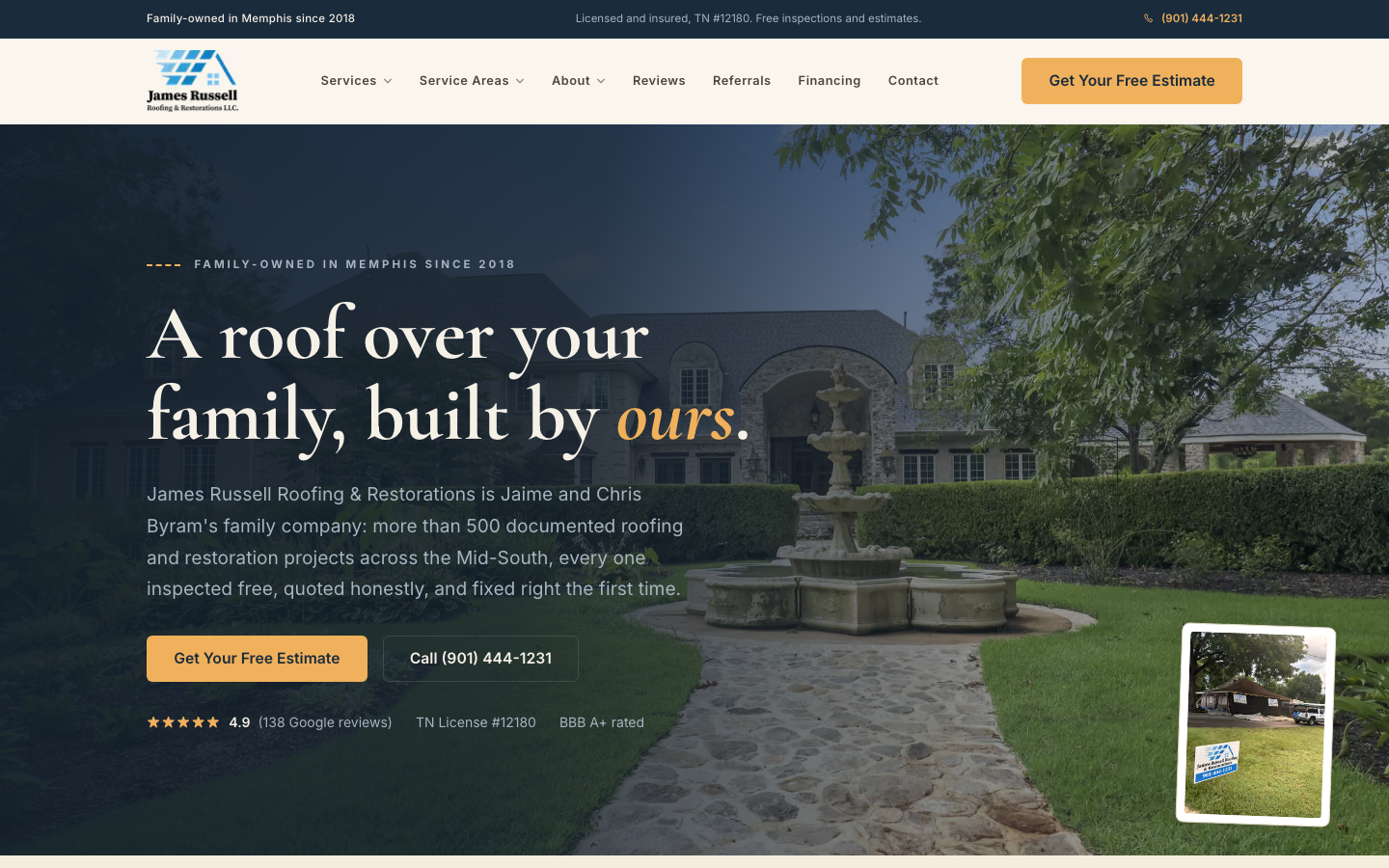 James Russell Roofing - roofing and restoration website build and local SEO for Memphis, TN